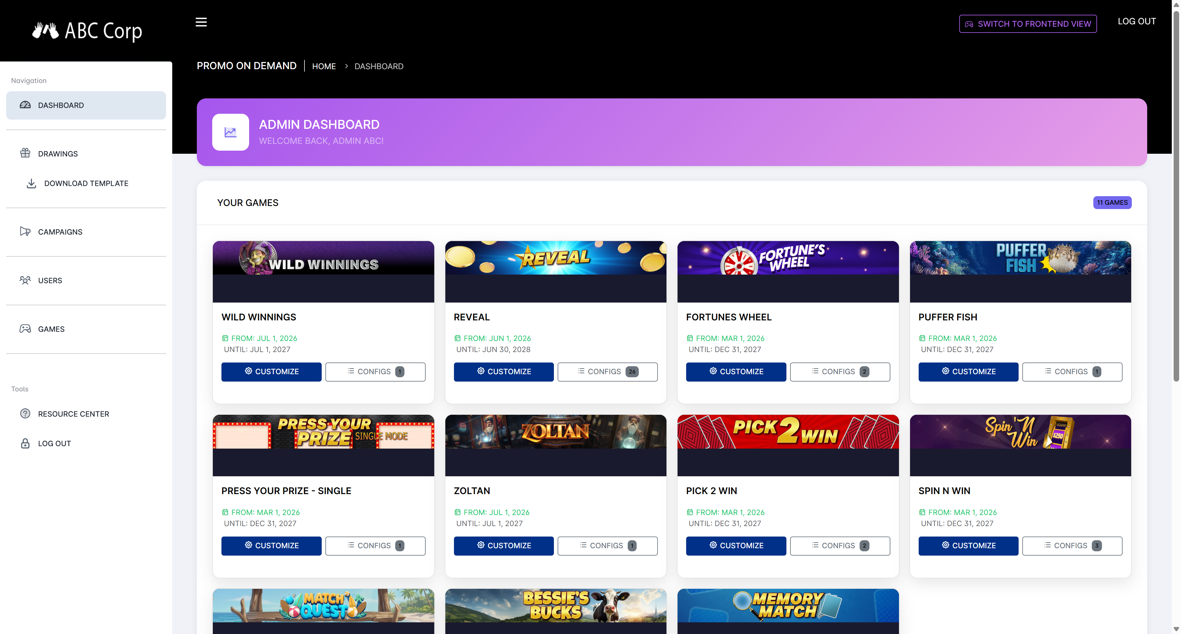 Game selection screen